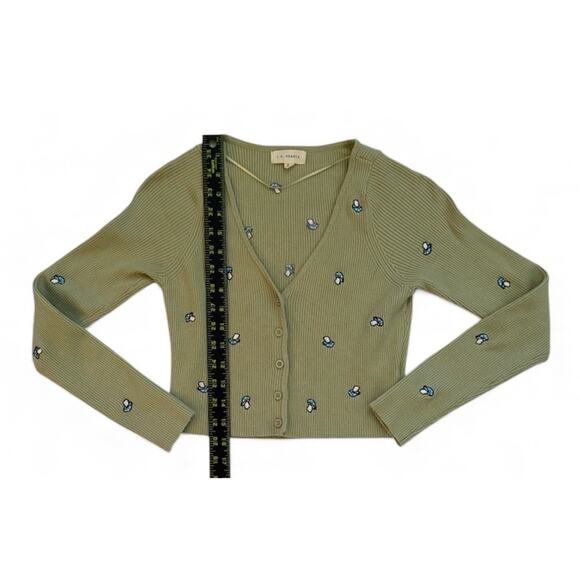 LA Hearts Green Ribbed Button Embroidered Mushroom Cropped Cardigan Cottagecore - Picture 4 of 6
